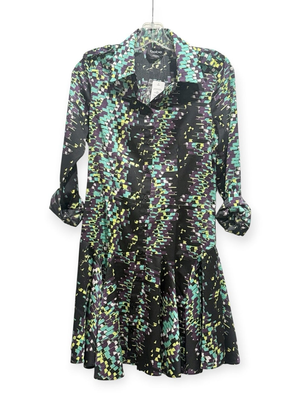 NWT. BEBE, A-line printed, button-front shirt dress, size XS.